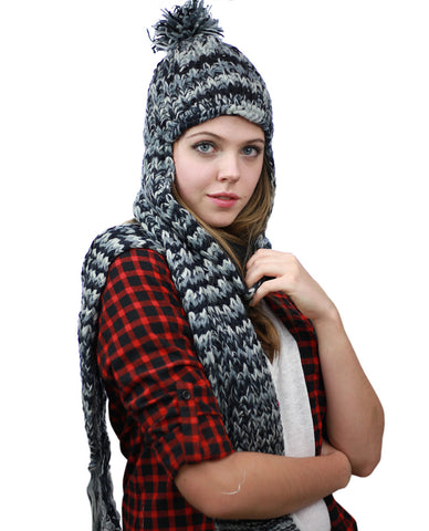 NYFASHION101 Nepal Wool Fleeced Hand Knit Ski Trooper Hat Scarf Set