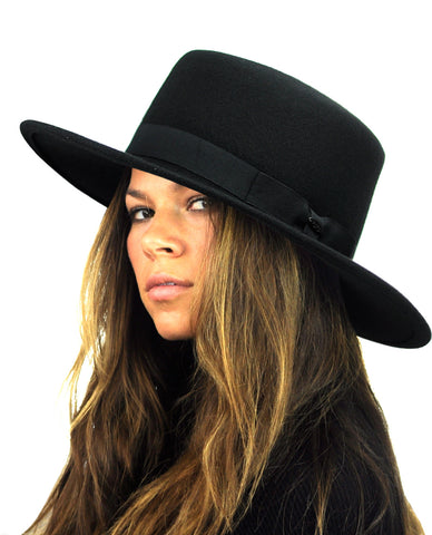 NYFASHION101 Wool Wide Brim Porkpie Fedora Hat w/ Simple Band Accent