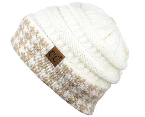 C.C Cable Knit Soft Stretch Multicolor Houndstooth Stitch Cuff Skully Beanie Hat