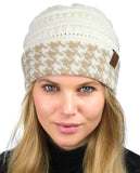 C.C Cable Knit Soft Stretch Multicolor Houndstooth Stitch Cuff Skully Beanie Hat