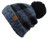 C.C Soft Stretch Pom Pom Fuzzy Lined Buffalo Plaid Cuff Beanie Hat