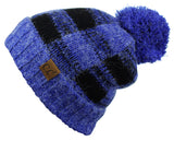 C.C Soft Stretch Pom Pom Fuzzy Lined Buffalo Plaid Cuff Beanie Hat