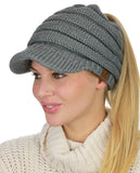 C.C BeanieTail Warm Knit Messy High Bun Ponytail Visor Beanie Cap
