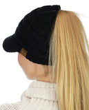 C.C BeanieTail Warm Knit Messy High Bun Ponytail Visor Beanie Cap