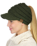 C.C BeanieTail Warm Knit Messy High Bun Ponytail Visor Beanie Cap