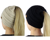 C.C BeanieTail Soft Stretch Cable Knit Messy High Bun Ponytail Beanie Hat - 2 Pack