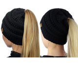 C.C BeanieTail Soft Stretch Cable Knit Messy High Bun Ponytail Beanie Hat - 2 Pack