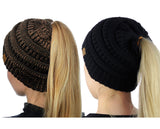 C.C BeanieTail Soft Stretch Cable Knit Messy High Bun Ponytail Beanie Hat - 2 Pack