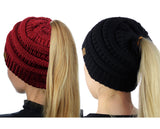 C.C BeanieTail Soft Stretch Cable Knit Messy High Bun Ponytail Beanie Hat - 2 Pack