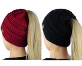 C.C BeanieTail Soft Stretch Cable Knit Messy High Bun Ponytail Beanie Hat - 2 Pack