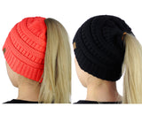 C.C BeanieTail Soft Stretch Cable Knit Messy High Bun Ponytail Beanie Hat - 2 Pack