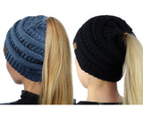 C.C BeanieTail Soft Stretch Cable Knit Messy High Bun Ponytail Beanie Hat - 2 Pack