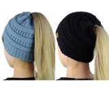 C.C BeanieTail Soft Stretch Cable Knit Messy High Bun Ponytail Beanie Hat - 2 Pack