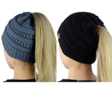 C.C BeanieTail Soft Stretch Cable Knit Messy High Bun Ponytail Beanie Hat - 2 Pack