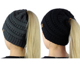 C.C BeanieTail Soft Stretch Cable Knit Messy High Bun Ponytail Beanie Hat - 2 Pack