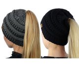C.C BeanieTail Soft Stretch Cable Knit Messy High Bun Ponytail Beanie Hat - 2 Pack