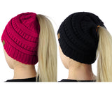 C.C BeanieTail Soft Stretch Cable Knit Messy High Bun Ponytail Beanie Hat - 2 Pack