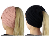 C.C BeanieTail Soft Stretch Cable Knit Messy High Bun Ponytail Beanie Hat - 2 Pack