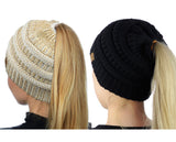 C.C BeanieTail Soft Stretch Cable Knit Messy High Bun Ponytail Beanie Hat - 2 Pack