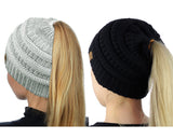 C.C BeanieTail Soft Stretch Cable Knit Messy High Bun Ponytail Beanie Hat - 2 Pack