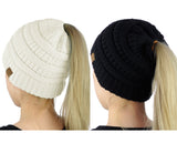 C.C BeanieTail Soft Stretch Cable Knit Messy High Bun Ponytail Beanie Hat - 2 Pack