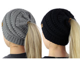 C.C BeanieTail Soft Stretch Cable Knit Messy High Bun Ponytail Beanie Hat - 2 Pack