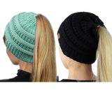 C.C BeanieTail Soft Stretch Cable Knit Messy High Bun Ponytail Beanie Hat - 2 Pack