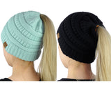 C.C BeanieTail Soft Stretch Cable Knit Messy High Bun Ponytail Beanie Hat - 2 Pack