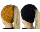 C.C BeanieTail Soft Stretch Cable Knit Messy High Bun Ponytail Beanie Hat - 2 Pack