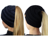 C.C BeanieTail Soft Stretch Cable Knit Messy High Bun Ponytail Beanie Hat - 2 Pack