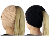 C.C BeanieTail Soft Stretch Cable Knit Messy High Bun Ponytail Beanie Hat - 2 Pack