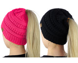 C.C BeanieTail Soft Stretch Cable Knit Messy High Bun Ponytail Beanie Hat - 2 Pack