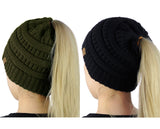 C.C BeanieTail Soft Stretch Cable Knit Messy High Bun Ponytail Beanie Hat - 2 Pack