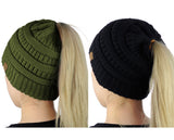C.C BeanieTail Soft Stretch Cable Knit Messy High Bun Ponytail Beanie Hat - 2 Pack