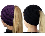 C.C BeanieTail Soft Stretch Cable Knit Messy High Bun Ponytail Beanie Hat - 2 Pack