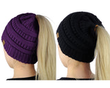 C.C BeanieTail Soft Stretch Cable Knit Messy High Bun Ponytail Beanie Hat - 2 Pack