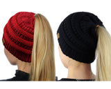 C.C BeanieTail Soft Stretch Cable Knit Messy High Bun Ponytail Beanie Hat - 2 Pack