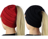 C.C BeanieTail Soft Stretch Cable Knit Messy High Bun Ponytail Beanie Hat - 2 Pack