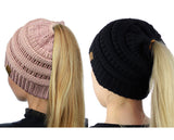 C.C BeanieTail Soft Stretch Cable Knit Messy High Bun Ponytail Beanie Hat - 2 Pack