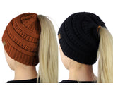 C.C BeanieTail Soft Stretch Cable Knit Messy High Bun Ponytail Beanie Hat - 2 Pack