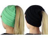 C.C BeanieTail Soft Stretch Cable Knit Messy High Bun Ponytail Beanie Hat - 2 Pack
