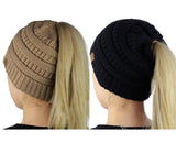 C.C BeanieTail Soft Stretch Cable Knit Messy High Bun Ponytail Beanie Hat - 2 Pack