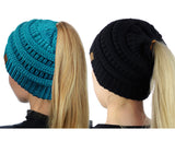 C.C BeanieTail Soft Stretch Cable Knit Messy High Bun Ponytail Beanie Hat - 2 Pack