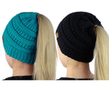 C.C BeanieTail Soft Stretch Cable Knit Messy High Bun Ponytail Beanie Hat - 2 Pack