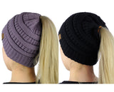 C.C BeanieTail Soft Stretch Cable Knit Messy High Bun Ponytail Beanie Hat - 2 Pack