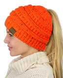C.C BeanieTail Soft Stretch Cable Knit Messy High Bun Ponytail Beanie Hat