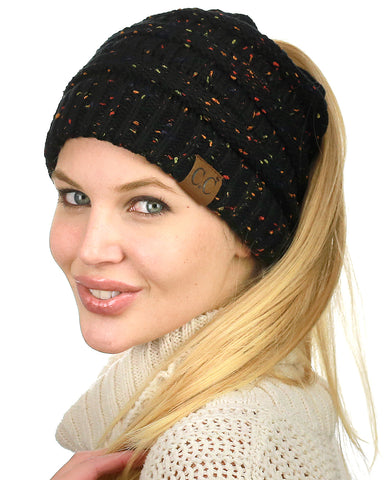 C.C BeanieTail Soft Stretch Cable Knit Messy High Bun Ponytail Beanie Hat