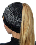 C.C BeanieTail Soft Stretch Cable Knit Messy High Bun Ponytail Beanie Hat, Confetti Ombre Black