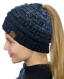 C.C BeanieTail Soft Stretch Cable Knit Messy High Bun Ponytail Beanie Hat, Confetti Ombre Black