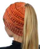 C.C BeanieTail Soft Stretch Cable Knit Messy High Bun Ponytail Beanie Hat, Confetti Ombre Black